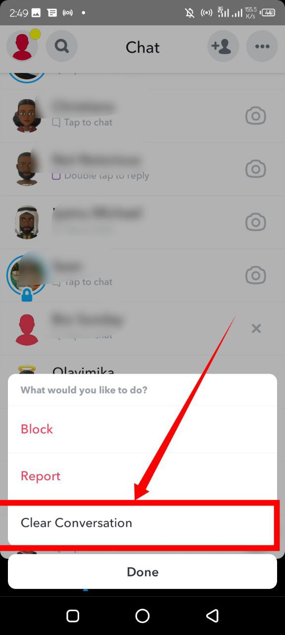 The clear conversation option on Snapchat