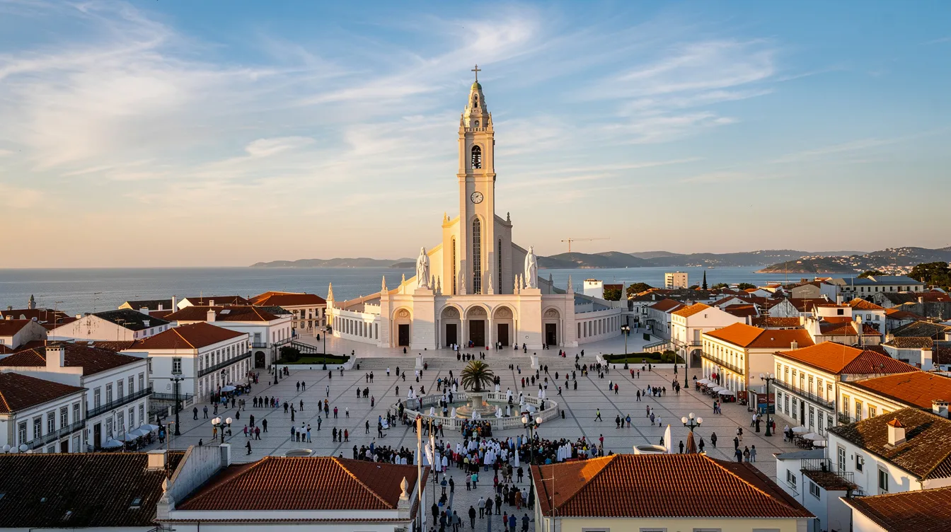 A imagem retrata uma vista deslumbrante de Fátima, em Portugal, com destaque para o Santuário de Fátima, cercado por uma paisagem serena que atrai visitantes de diversas partes do mundo. Ao fundo, pode-se ver a arquitetura imponente do local, que é um dos destinos turísticos mais importantes da região.