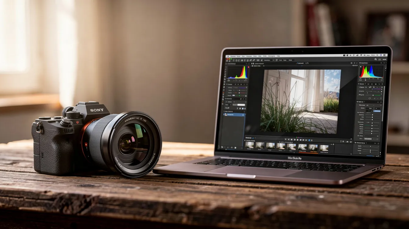 Auf einem Holztisch liegt eine Sony Alpha Kamera mit einem Zoomobjektiv, während daneben ein Laptop steht, auf dem Bildbearbeitungssoftware geöffnet ist. Diese Szene zeigt die Ausrüstung, die für Fotoprojekte und Bildbearbeitung benötigt wird, ideal für Fotografen und kreative Köpfe.