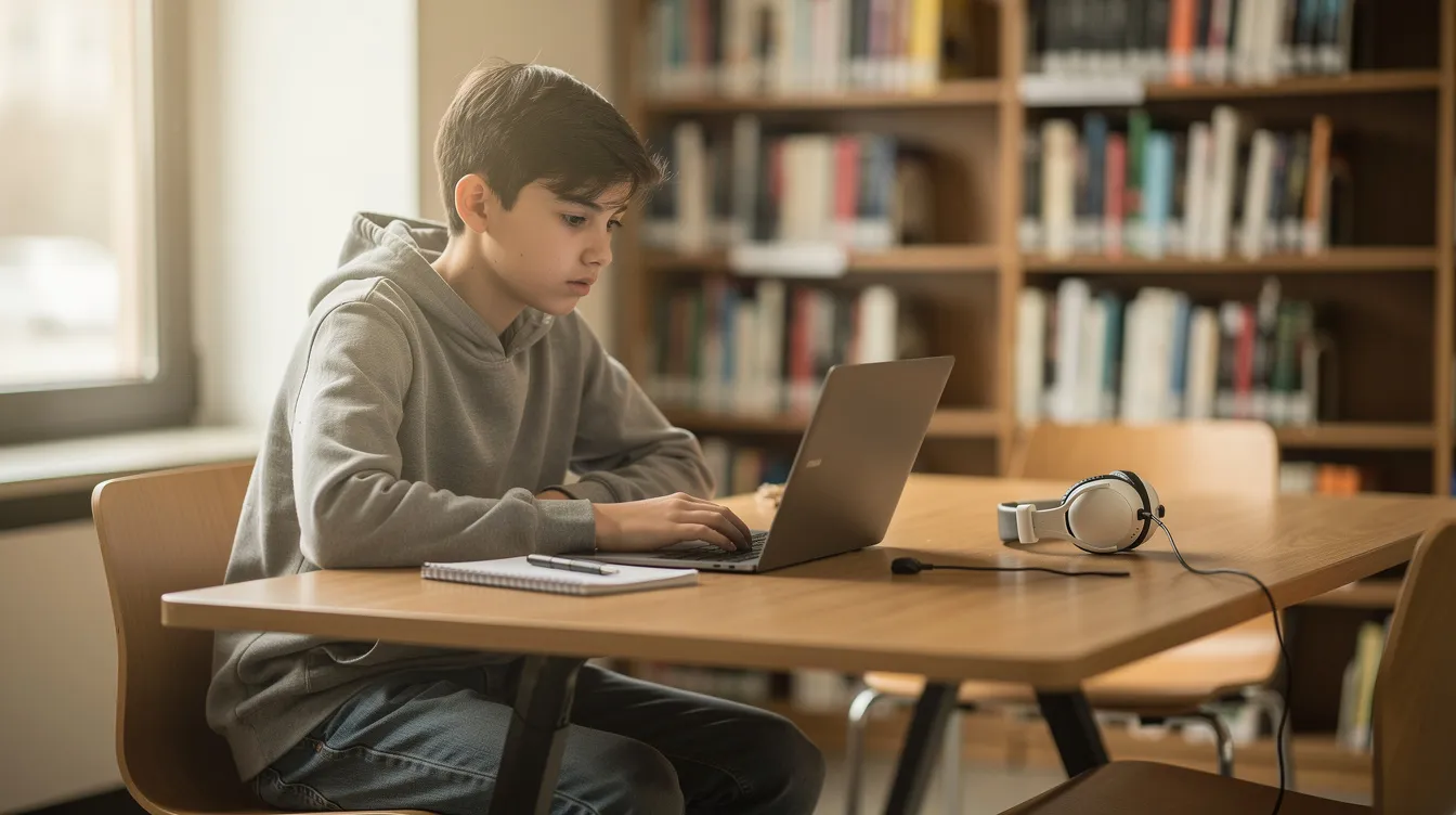 Un adolescent est assis à un bureau, concentré sur son ordinateur portable dans un environnement calme et studieux. Il travaille sur ses cours, peut-être en préparation pour le diplôme national du brevet, en révisant des matières comme le français et l'histoire-géographie.