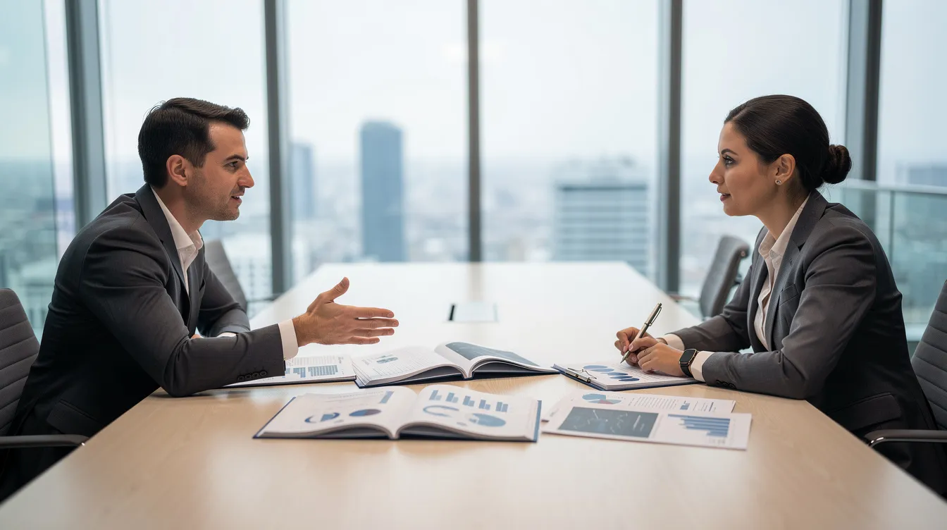 Deux professionnels discutent dans une salle de réunion moderne, entourés de documents ouverts sur une table en bois, évoquant des stratégies de vente et les erreurs à éviter lors de la mise en marché d'une propriété. Cette conversation pourrait inclure des conseils sur les prix de vente et les techniques de négociation pour maximiser les chances de succès.