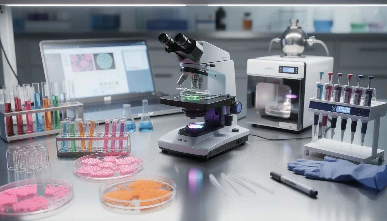 The image displays a variety of scientific laboratory equipment, including microscopes and petri dishes containing cellular research specimens, highlighting the focus on cellular health and the effects of compounds like nicotinamide riboside (NR) and nicotinamide mononucleotide (NMN) in clinical research. This setup suggests a study on the health benefits of these dietary supplements and their role in cellular energy production and aging.