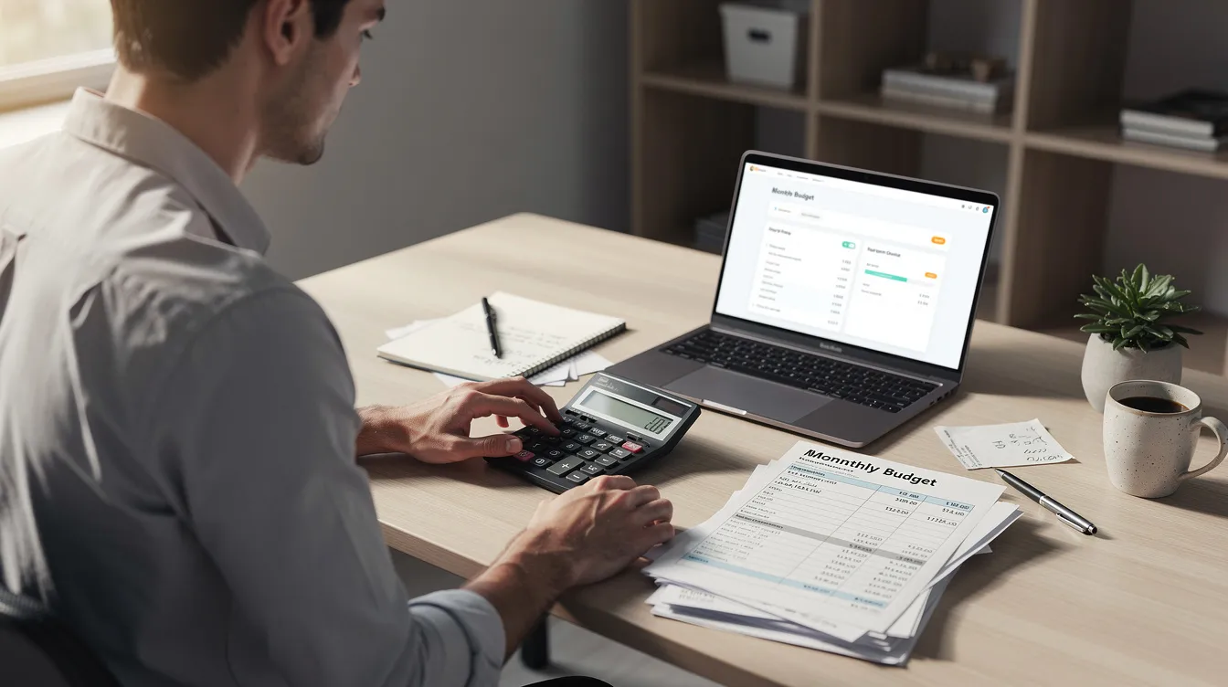 A person is seated at a desk, focused on calculating finances using a calculator, surrounded by various financial documents. The scene captures the essence of managing personal loans and repayment plans, emphasizing the importance of understanding terms like APR and repayment periods in financial planning.