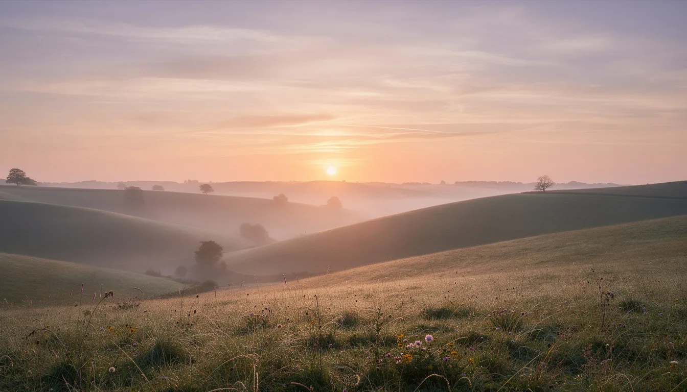 A serene sunrise casts soft orange and pink hues over rolling hills, symbolizing a fresh start and the promise of a good night's sleep. This tranquil scene encourages relaxation and mindfulness, essential for improving sleep quality and reducing stress.