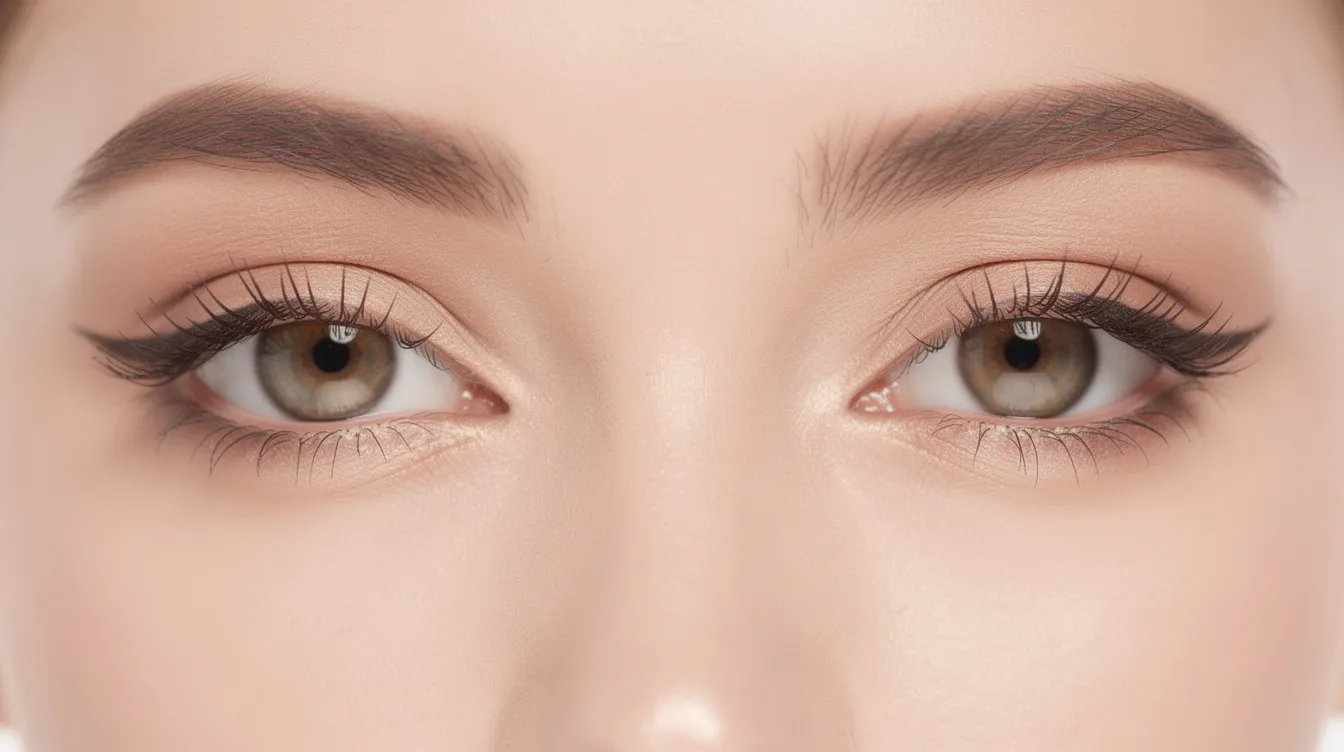 The close-up photograph showcases a woman's eyes with a natural and rested appearance, highlighting a well-defined eyelid crease that suggests successful upper eyelid ptosis repair. The image illustrates the youthful eye appearance achieved through cosmetic eyelid surgery, emphasizing the absence of excess upper eyelid skin and a refreshed look.