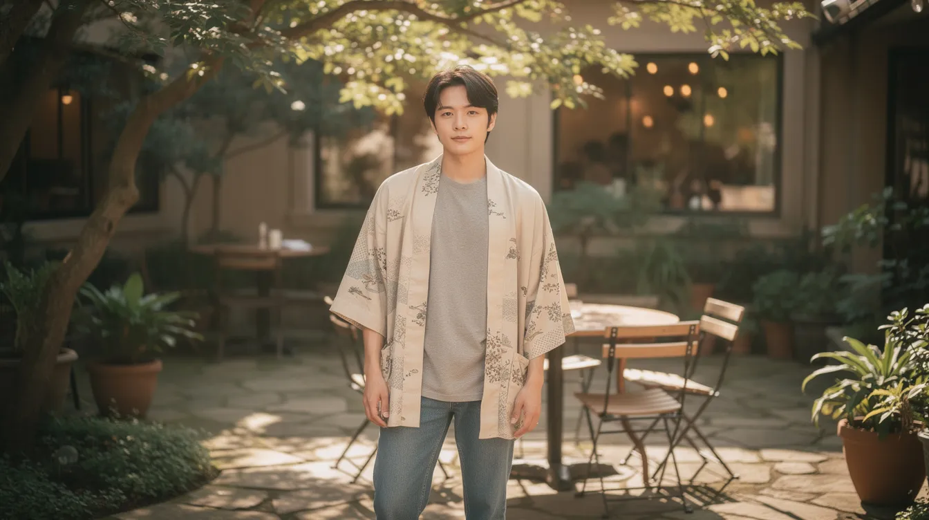 A person stands in a sunlit café courtyard, wearing a relaxed outfit consisting of jeans and a plain tee, layered with a stylish patterned haori jacket. This lightweight garment, traditionally worn in Japanese culture, adds an elegant touch to their casual look, showcasing intricate patterns that contrast beautifully with the solid colors of their outfit.