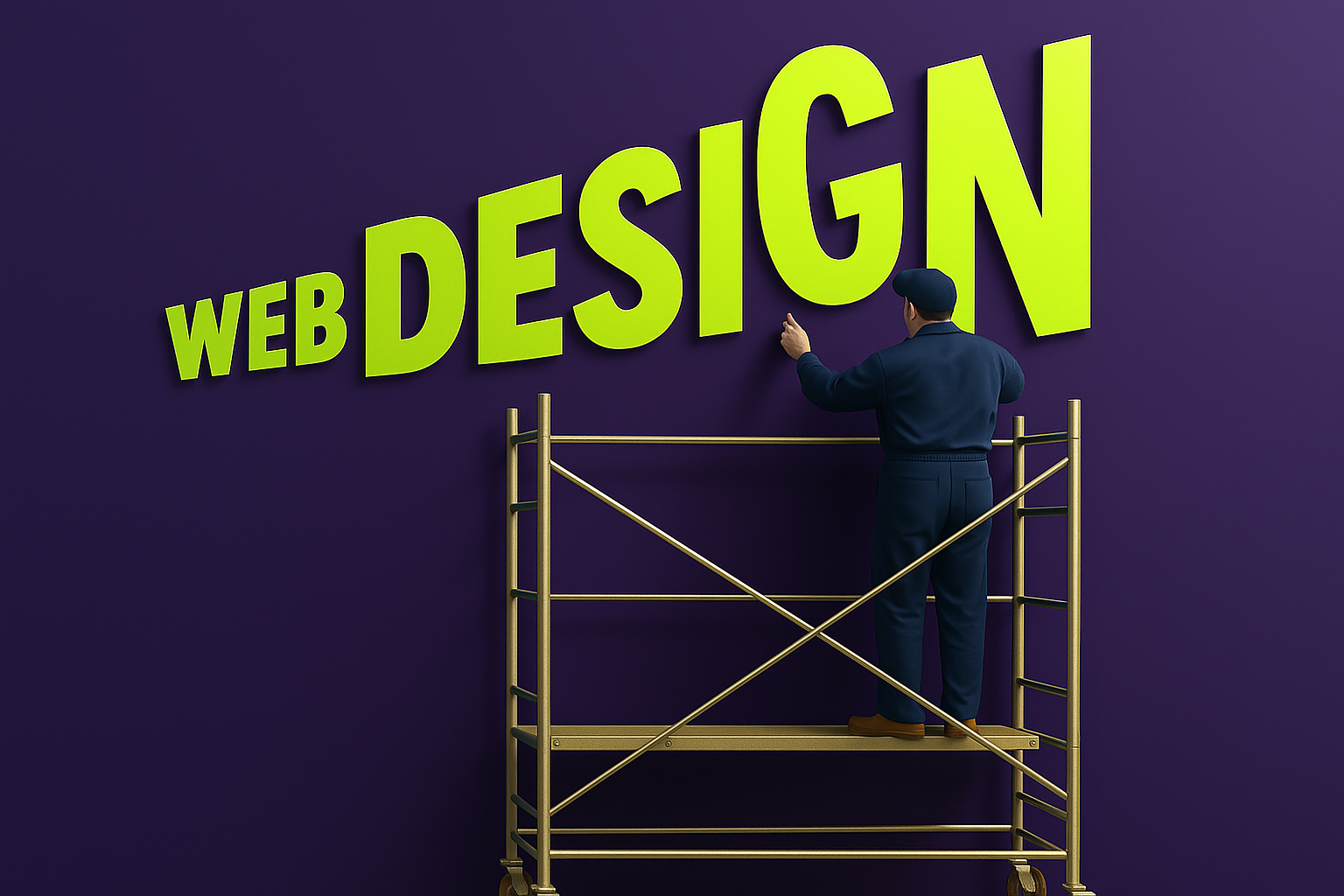 Man on scaffolding adjusting a sign reading "Web Design". Conveys scalable website redesign that supports growth. 