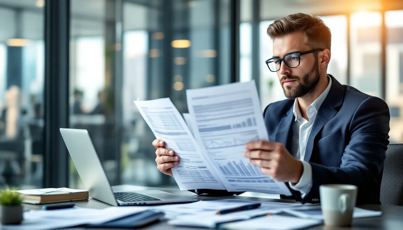 A professional consultant is seated at a desk, meticulously reviewing various business documents and financial statements, including income statements and balance sheets, to assist potential business buyers in the acquisition process. The consultant is focused on analyzing cash flow and other financial metrics to ensure a smooth transition for prospective buyers in the business world.