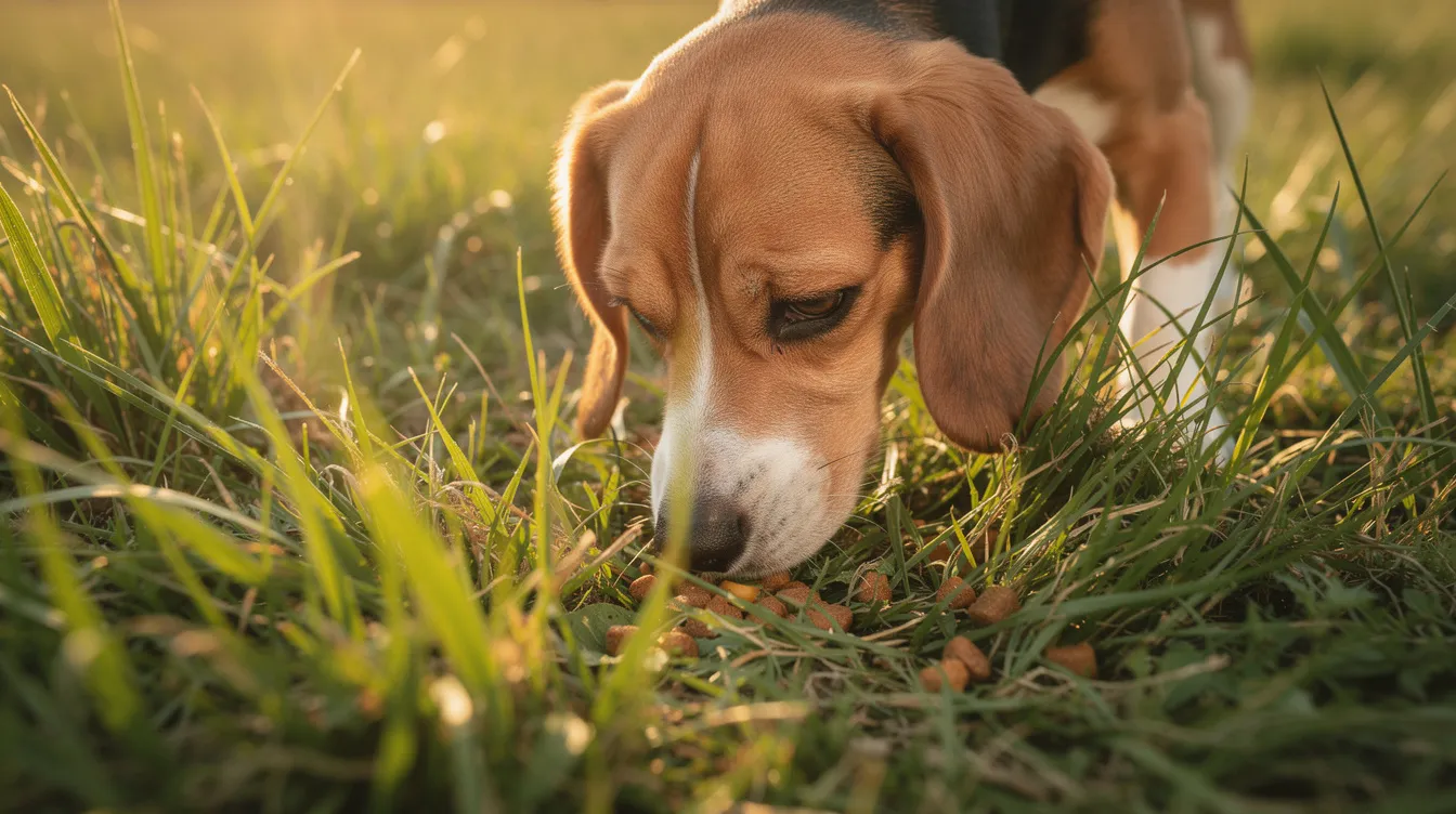 A beagle is eagerly sniffing through tall grass, using its natural instincts to search for scattered kibble, which provides both mental stimulation and physical exercise. This engaging activity is a great way for pet parents to keep their dog entertained and promote their well-being through food-based enrichment.