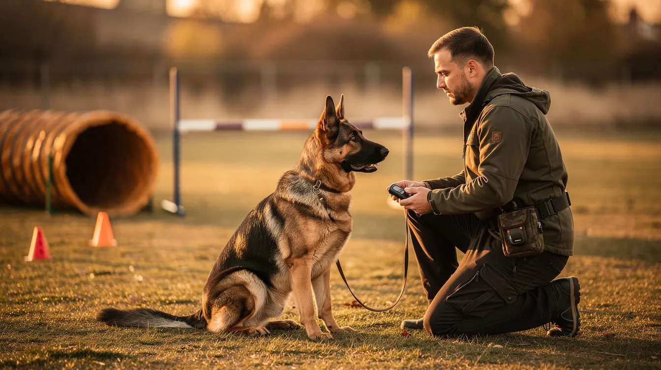 The image depicts a German Shepherd puppy sitting attentively next to a professional dog trainer in a training session, showcasing the foundations of German Shepherd training. The environment is a spacious outdoor area, emphasizing the importance of proper socialization and obedience training for this intelligent breed.