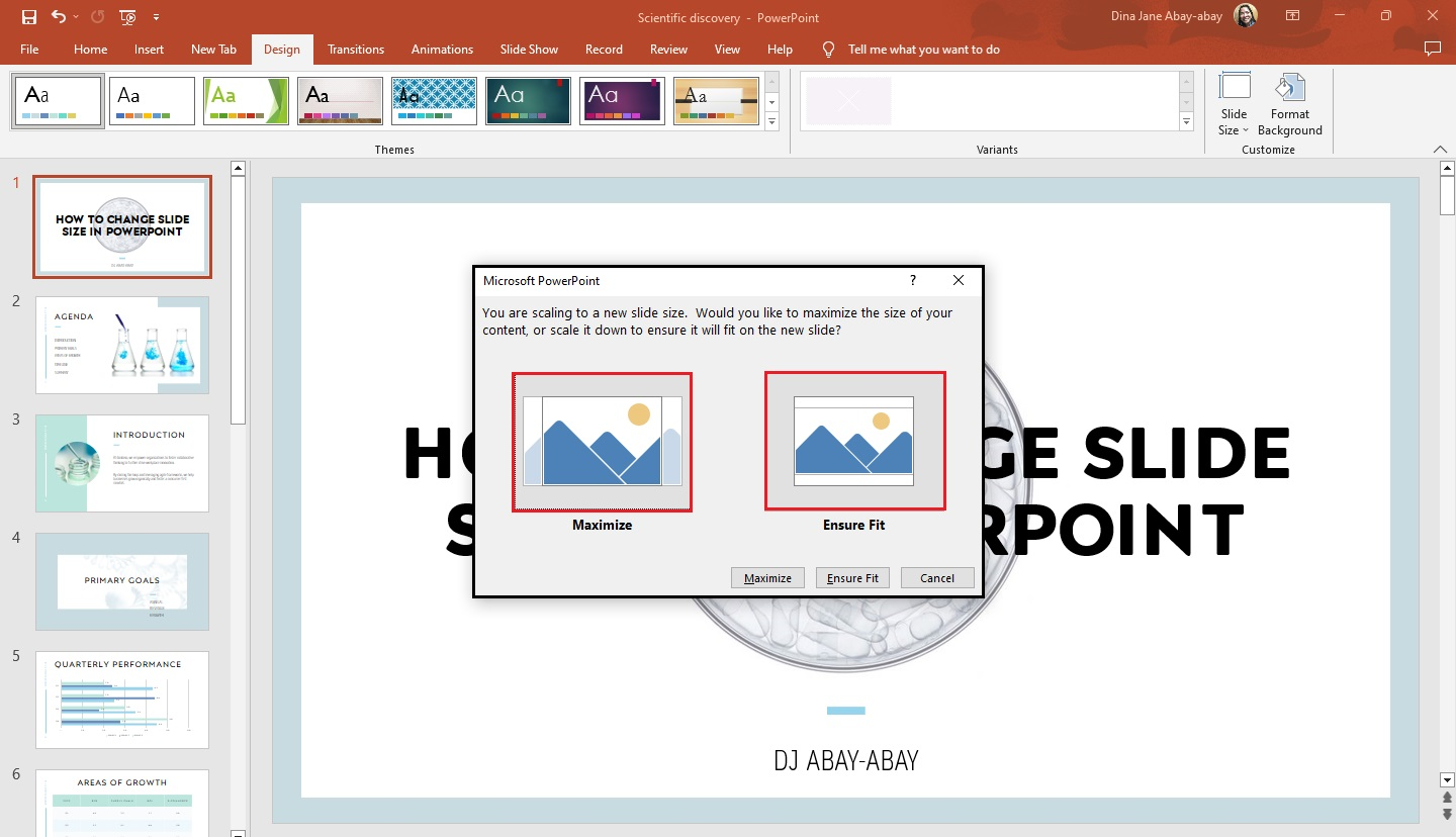 A scaling option in Microsoft PowerPoint appears, E.g., you select "Ensure fit."