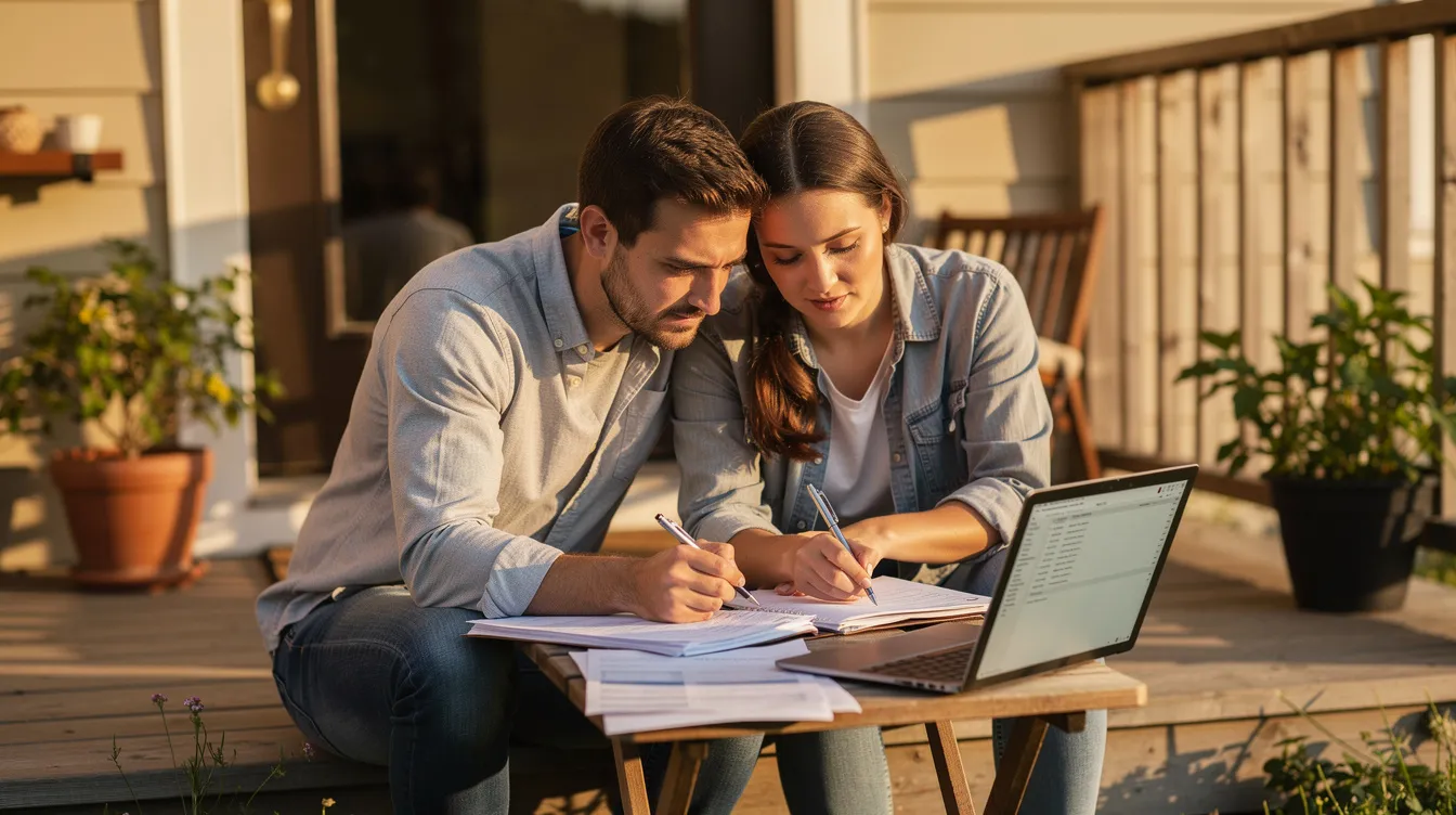 A couple is sitting on their porch, reviewing paperwork together with a laptop open beside them, likely discussing their retirement savings plan and options such as their 401(k) and employee stock purchase plan. The scene captures a moment of collaboration as they manage their retirement benefits and financial future.