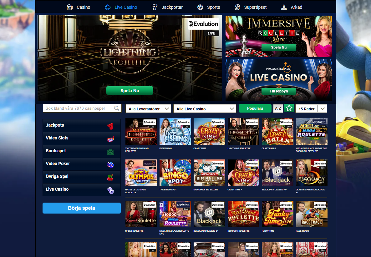 Kungaslottet Live Casino med roulette, blackjack och andra livespel från bland annat Evolution och Pragmatic Play.