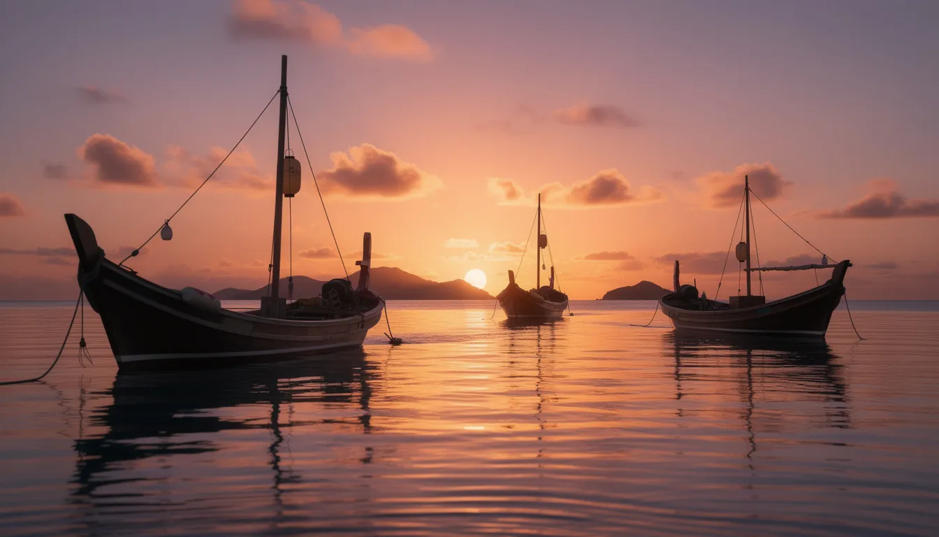 A serene sunset illuminates the Okinawan waters, with traditional boats casting dark silhouettes against a vibrant sky of orange and purple hues. This picturesque scene reflects the tranquil lifestyle associated with the traditional Okinawan diet, known for its emphasis on nutrient-dense, plant-based foods that promote overall health and longevity.