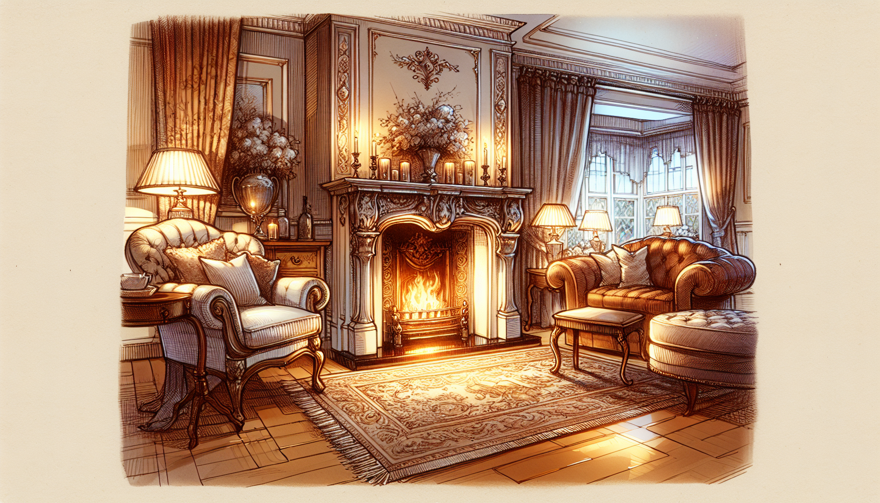 A cozy living room ambiance created by an inbuilt fireplace.