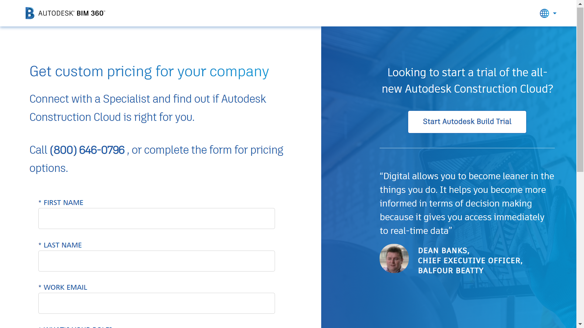 Autodesk BIM 360 pricing inquiry form