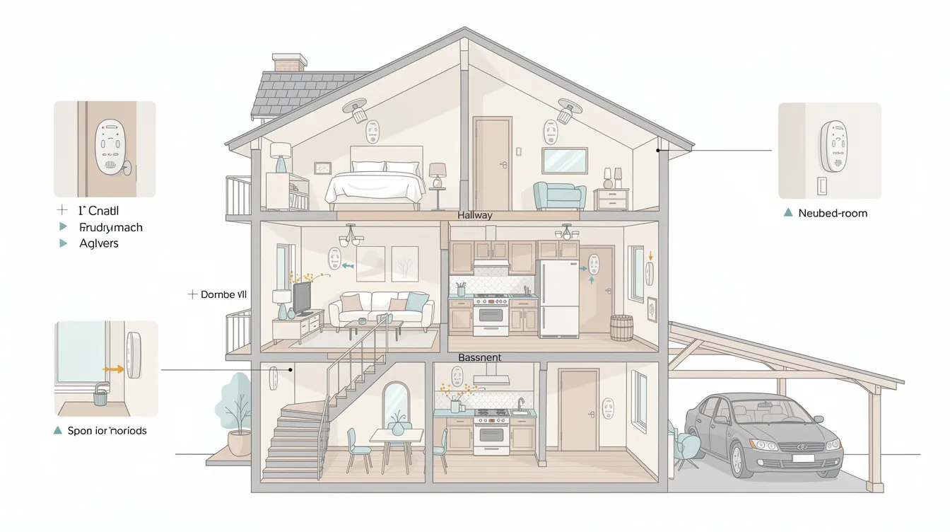 Key locations for installing carbon monoxide detectors in a home.