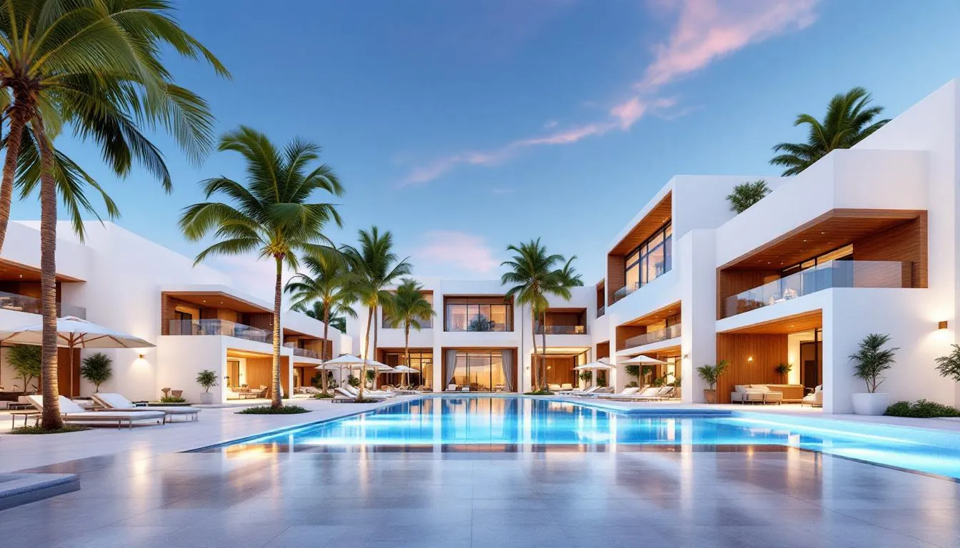 The image shows the exterior of a beachfront hotel in New Smyrna Beach, surrounded by palm trees and offering direct beach access to the sandy shores of the Atlantic Ocean. Guests can enjoy modern amenities and a relaxing atmosphere, making it an excellent choice for a beach getaway.