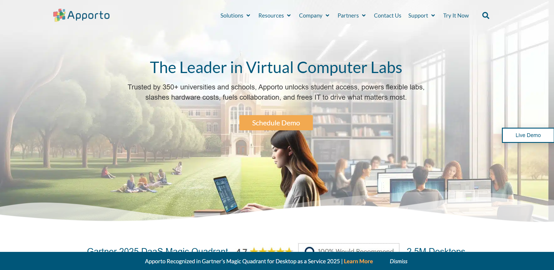 Homepage banner showcasing virtual computer labs with students accessing cloud desktops in a campus environment, highlighting DaaS-powered education and remote learning.