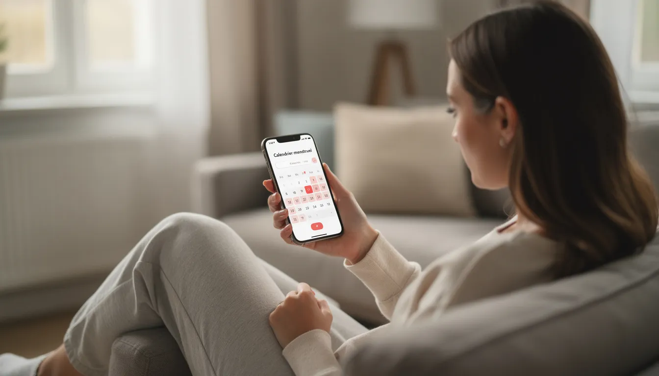 Une femme consulte son calendrier menstruel sur son téléphone, vérifiant les dates de ses règles et notant d'éventuels dérèglements. Cette pratique l'aide à mieux comprendre son cycle menstruel et à anticiper ses menstruations, qu'elle peut avoir deux fois par mois.