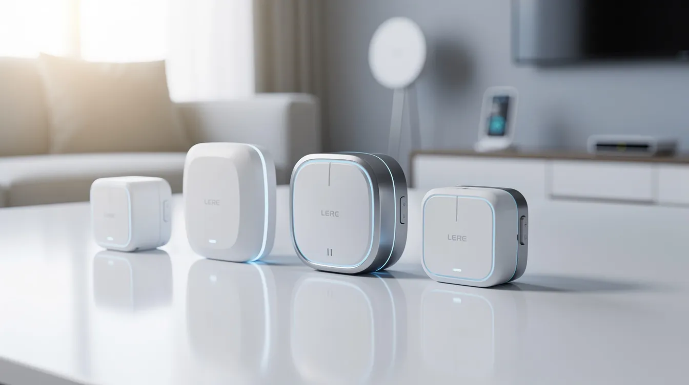 Various models of smart water leak detectors displayed on a table.