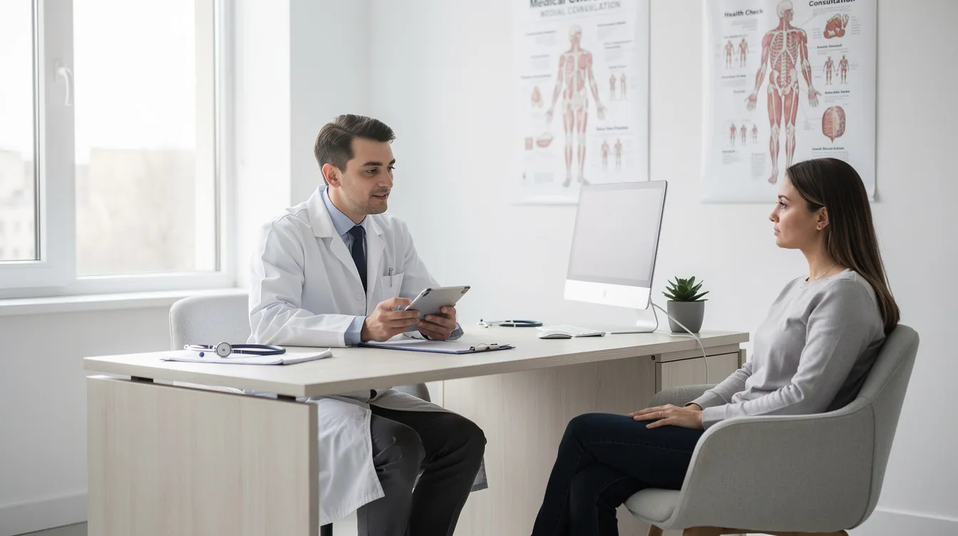 Un médico en bata blanca está realizando una consulta con una paciente en un consultorio moderno y luminoso, donde se discuten opciones sobre procedimientos de liposucción, como la lipo 360, para eliminar depósitos de grasa y mejorar la figura. La atención se centra en los objetivos de la paciente y el costo del tratamiento.
