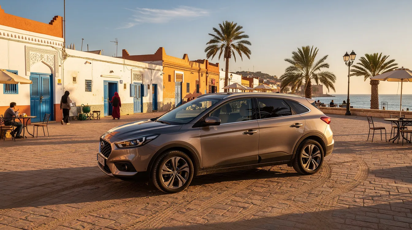 سيارة SUV مدمجة مركونة في ساحة مشمسة بإحدى بلدات شمال المغرب.