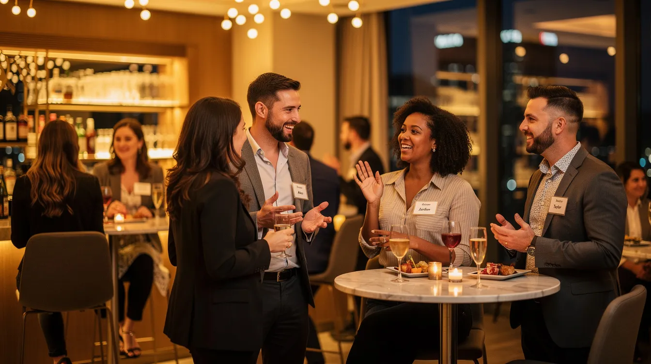 The image depicts singles at a networking event, engaged in lively conversations under warm lighting, fostering connections that may lead to meaningful romantic relationships. The atmosphere encourages healthy communication and shared interests, essential qualities for building strong relationships and personal growth.