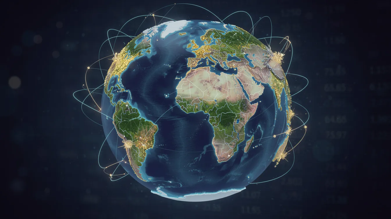The image depicts a globe with glowing interconnected lines, symbolizing international financial connections and the flow of money through various banking systems for international wire transfers. This visual representation highlights the complexity of sending money abroad and the role of financial institutions in facilitating transactions across different countries.