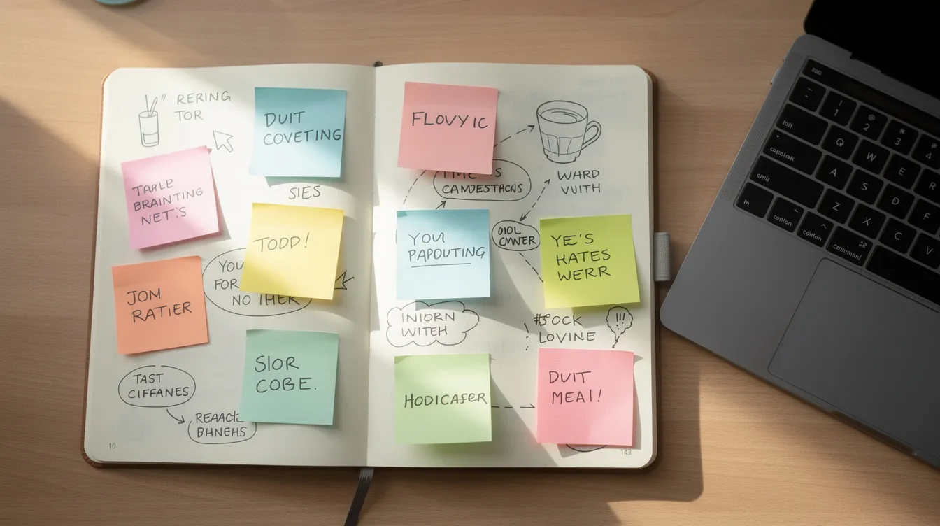 Ein offenes Notizbuch mit handschriftlichen Brainstorming-Ideen liegt neben einem Laptop, während bunte Haftnotizen verstreut sind. Diese Szene könnte für jemanden, der ein Affiliate-Marketing-Programm startet, inspirierend sein und die Kreativität bei der Planung von Inhalten fördern.