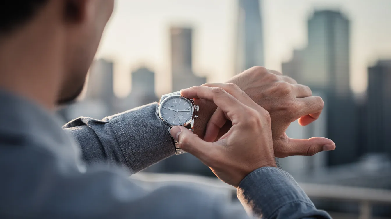 A person is checking the time on a wristwatch while a blurred city skyline serves as the backdrop, suggesting an urban setting. The image captures the essence of modern life, where time management is crucial, especially for making international calls, such as those to Canada, which has its own country code.
