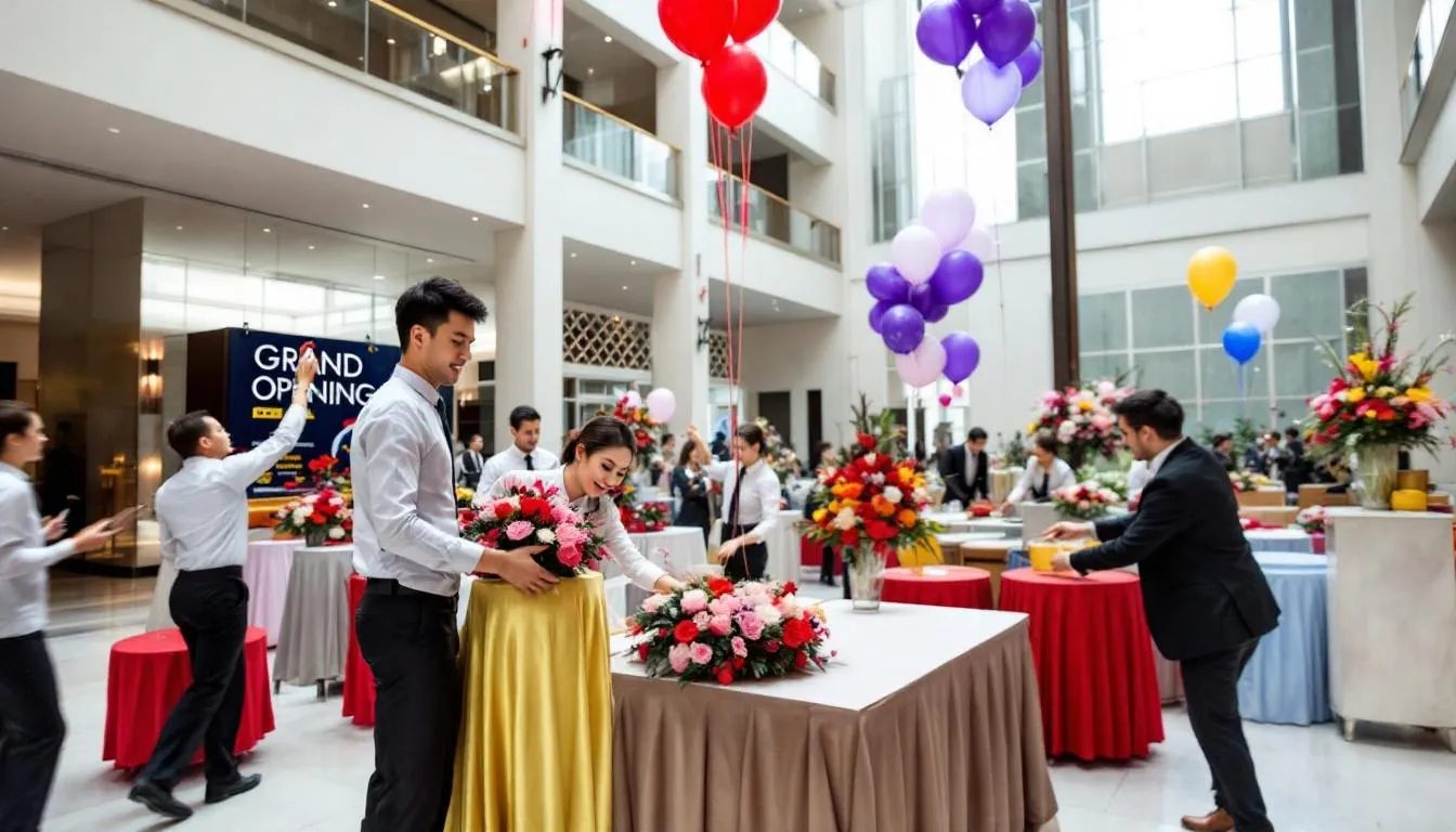 The image shows hotel staff diligently preparing for the grand opening, setting up decorations and organizing the space to ensure a successful launch. This pre opening phase highlights the team's commitment to creating a welcoming environment for future guests as they finalize details from the hotel pre opening checklist.