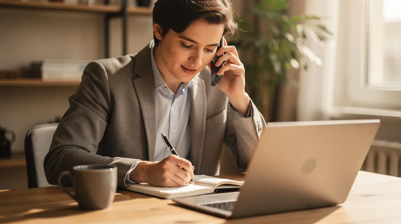 Una persona está hablando por teléfono mientras toma notas en una mesa, posiblemente sobre un seguro de auto o pólizas relacionadas con automóviles. En la mesa hay documentos y un bolígrafo, lo que sugiere que está organizando información importante para su vehículo o gastos de seguro.