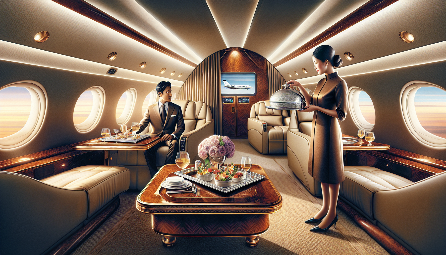 Elegant private jet interior with personalized services