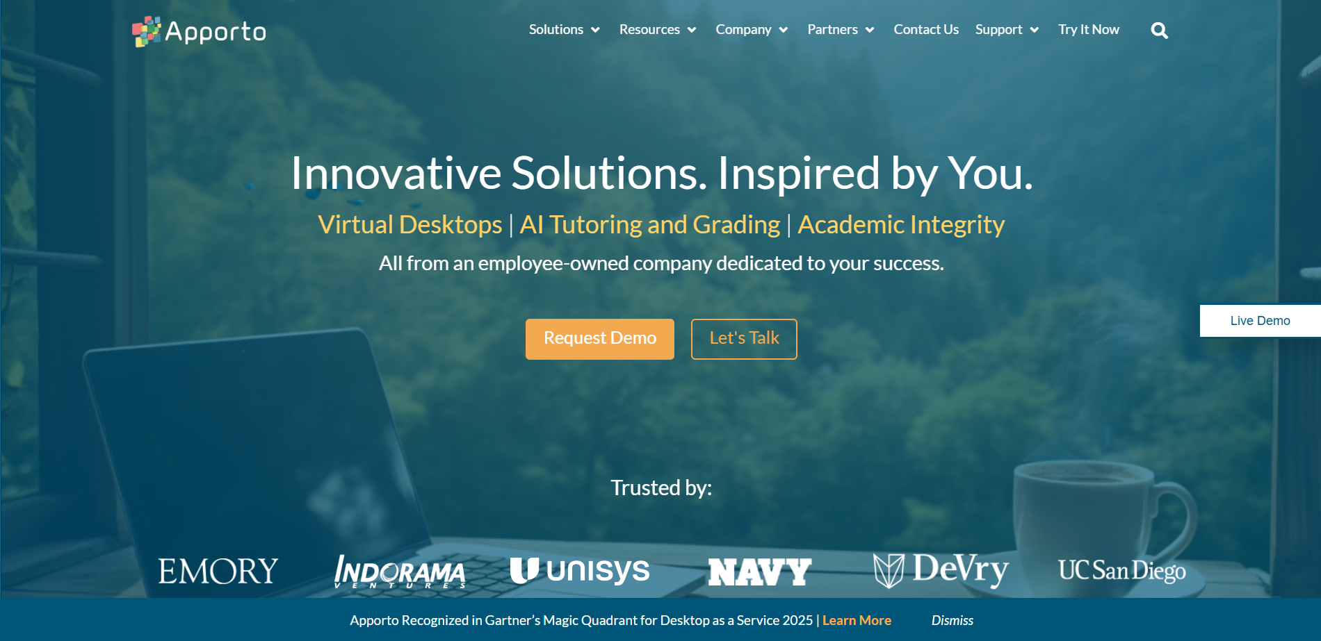 Homepage of Apporto showcasing browser-based virtual desktops, AI tutoring, and academic technology solutions with trusted educational and enterprise partners.