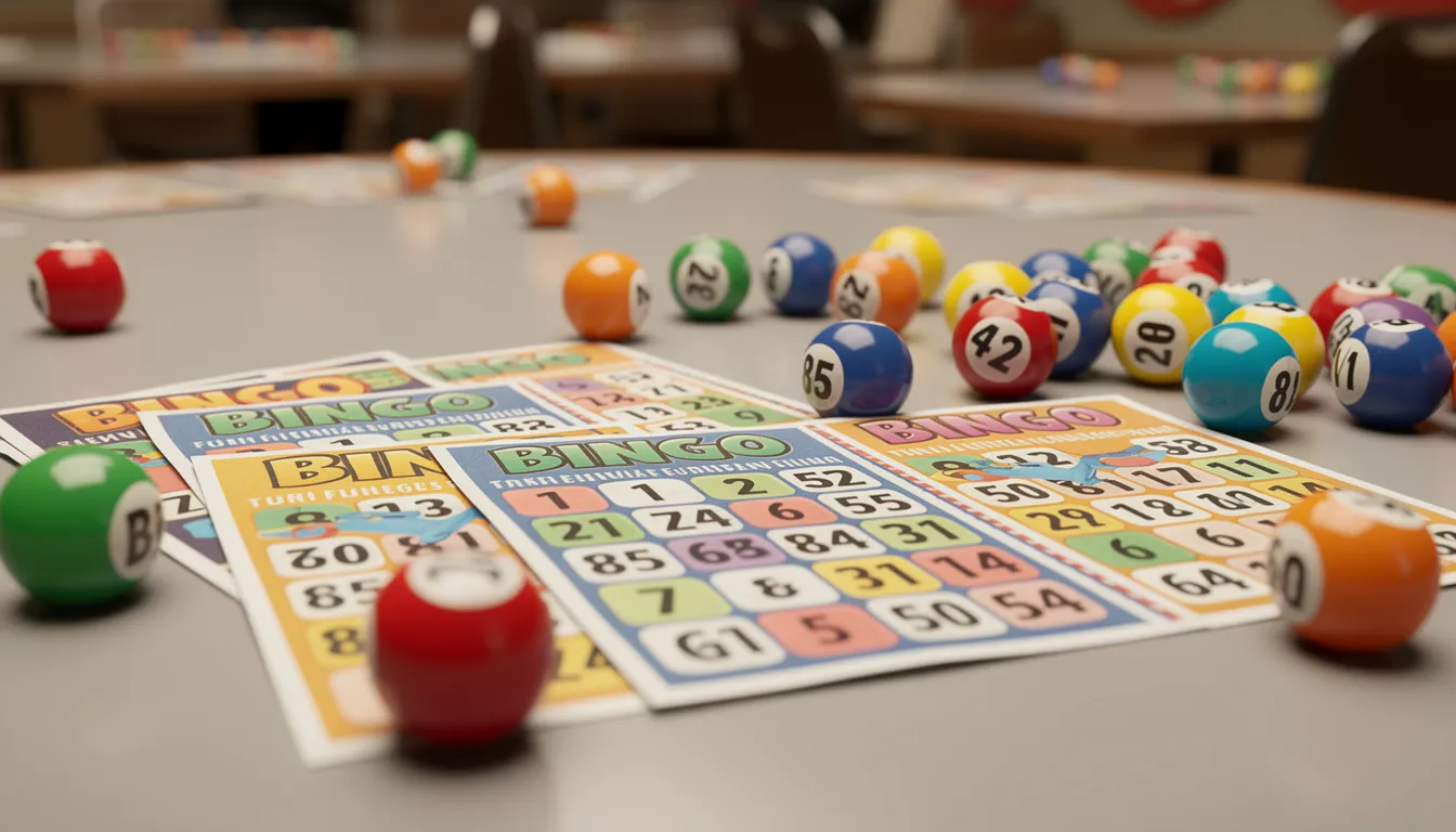 En färgglad bingobricka med flera nummer och bollar ligger på ett spelbart bord, vilket skapar en livlig atmosfär för spelare som vill spela bingo online. Denna bild fångar känslan av ett live casino där nya spelare kan delta i spännande spel och njuta av ansvarsfullt spelande.