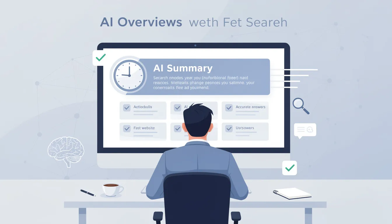 The image illustrates the benefits of AI overviews, highlighting how they provide faster and more accurate search results, allowing users to find information quickly without the need for multiple searches. It emphasizes the role of generative AI in summarizing complex queries and enhancing the search experience on platforms like Google.
