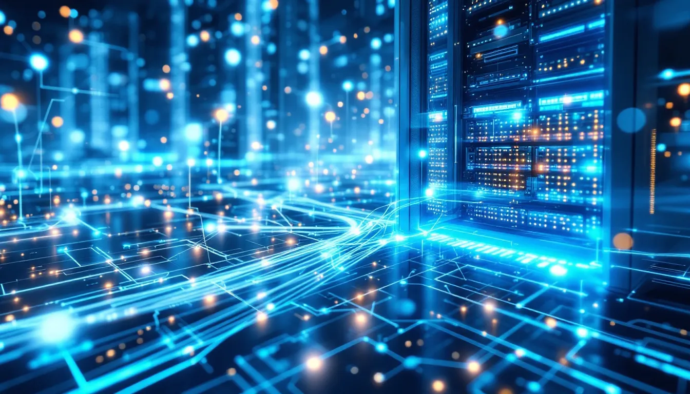 The image depicts a cloud infrastructure visualization, showcasing interconnected data centers that facilitate data virtualization solutions. These centers support various data sources, enabling seamless data movement and real-time analytics for businesses using technologies like SAP HANA and artificial intelligence.