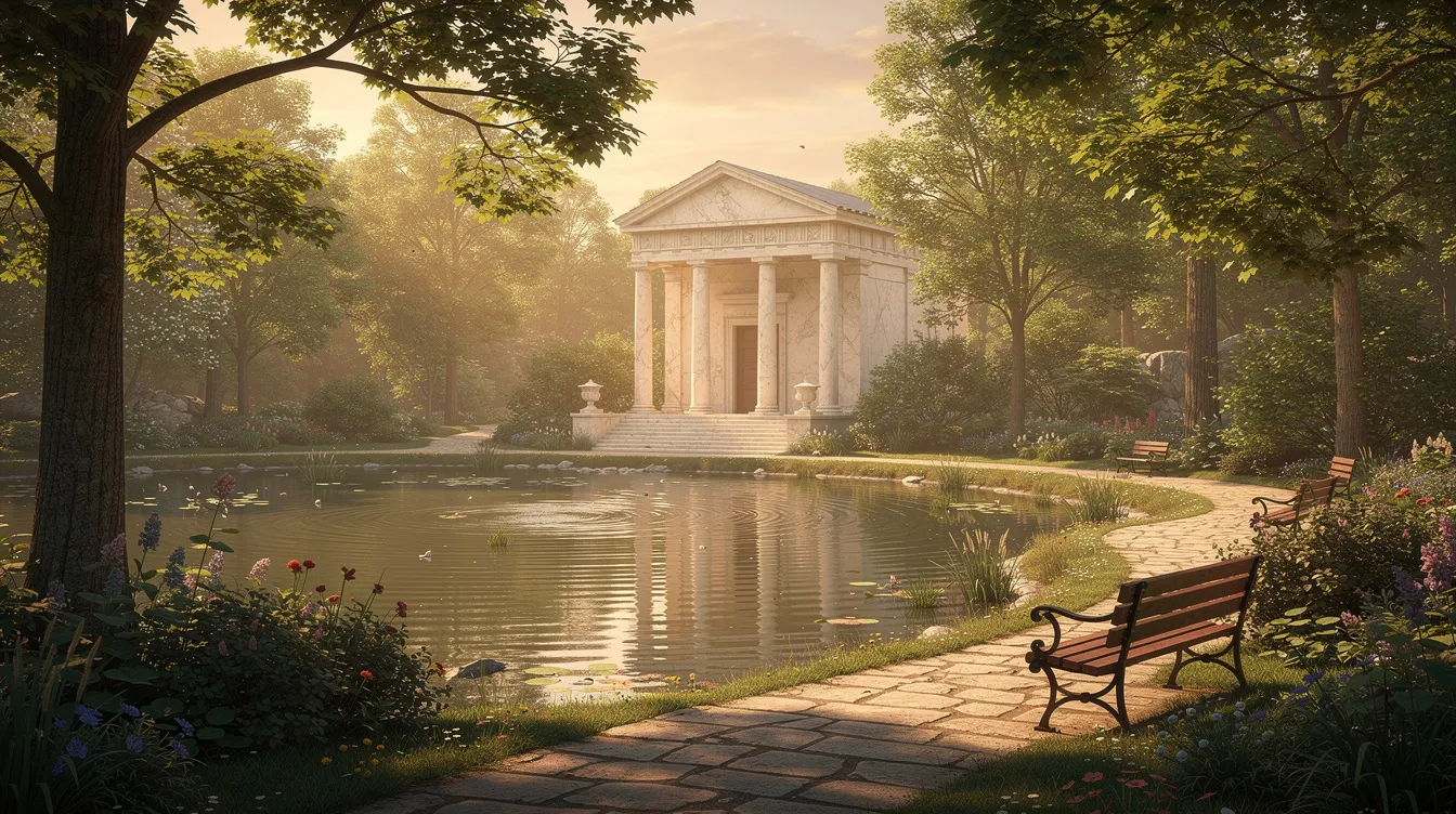 Imagem de um parque romântico em Varsóvia, com um templo clássico ao fundo, um lago artificial refletindo a vegetação verde intensa ao redor. O ambiente é sereno, ideal para passeios e momentos de contemplação na capital da Polônia.