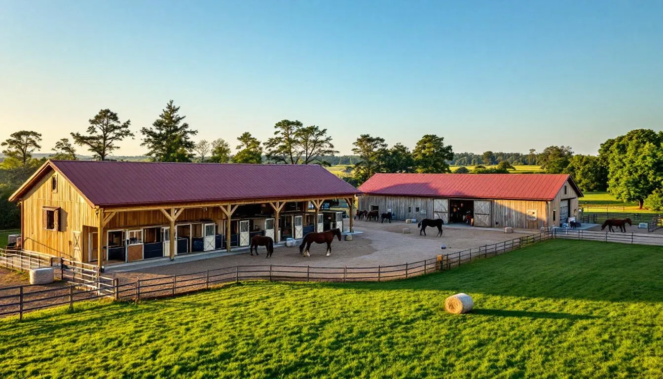 The image depicts a spacious estate featuring horse stables and barn facilities, surrounded by fenced pastures, ideal for equestrian enthusiasts. This property is part of the Livingston Woods community in Naples, FL, offering expansive outdoor living and proximity to top-rated schools and amenities.