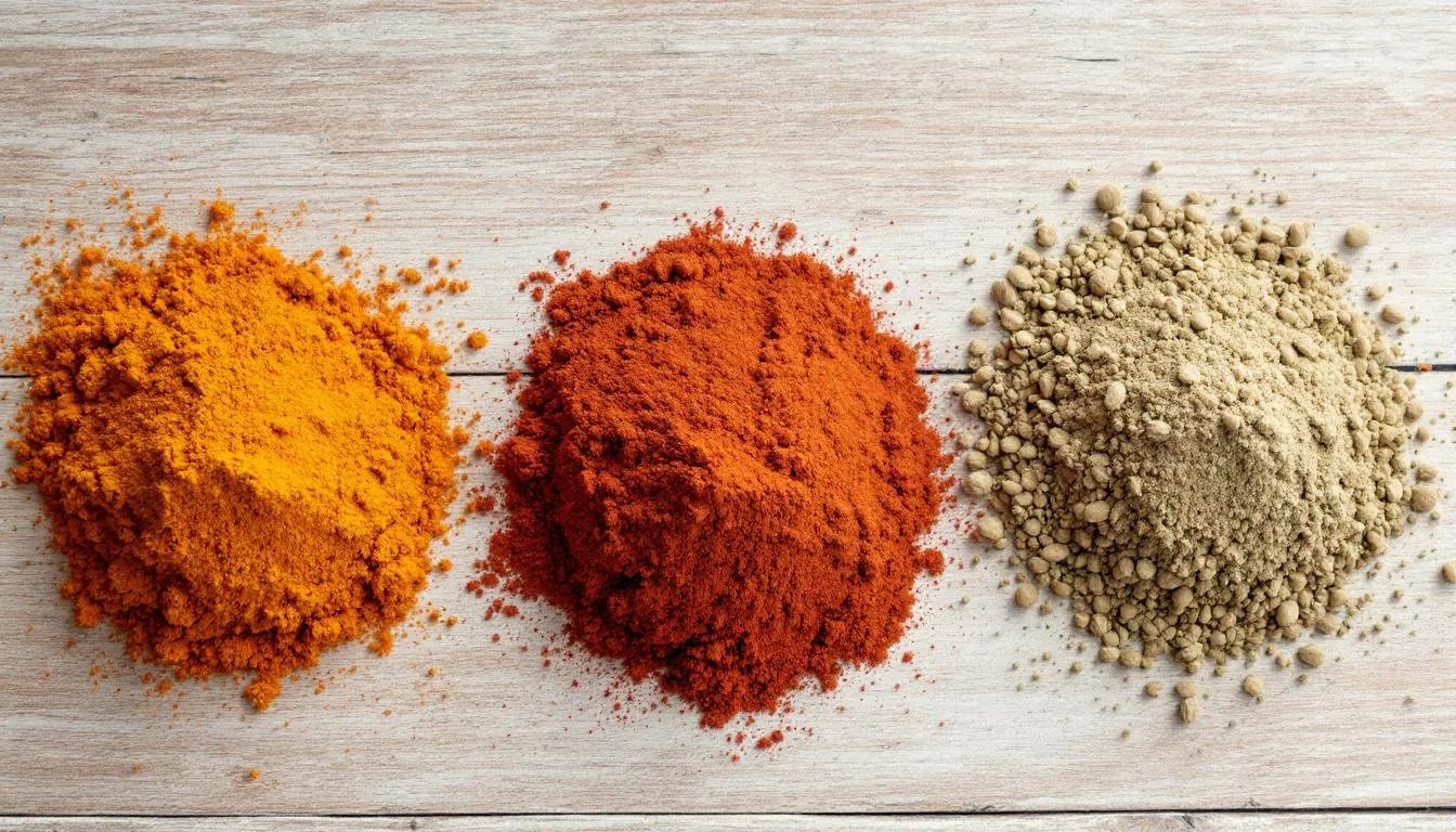 The image shows piles of various floral powders and clays in natural colors arranged on a table, ideal for enhancing a daily skin care routine. These natural ingredients, such as kaolin clay and dried herbs, can be used for cleansing and nourishing different skin types, including sensitive and acne-prone skin.
