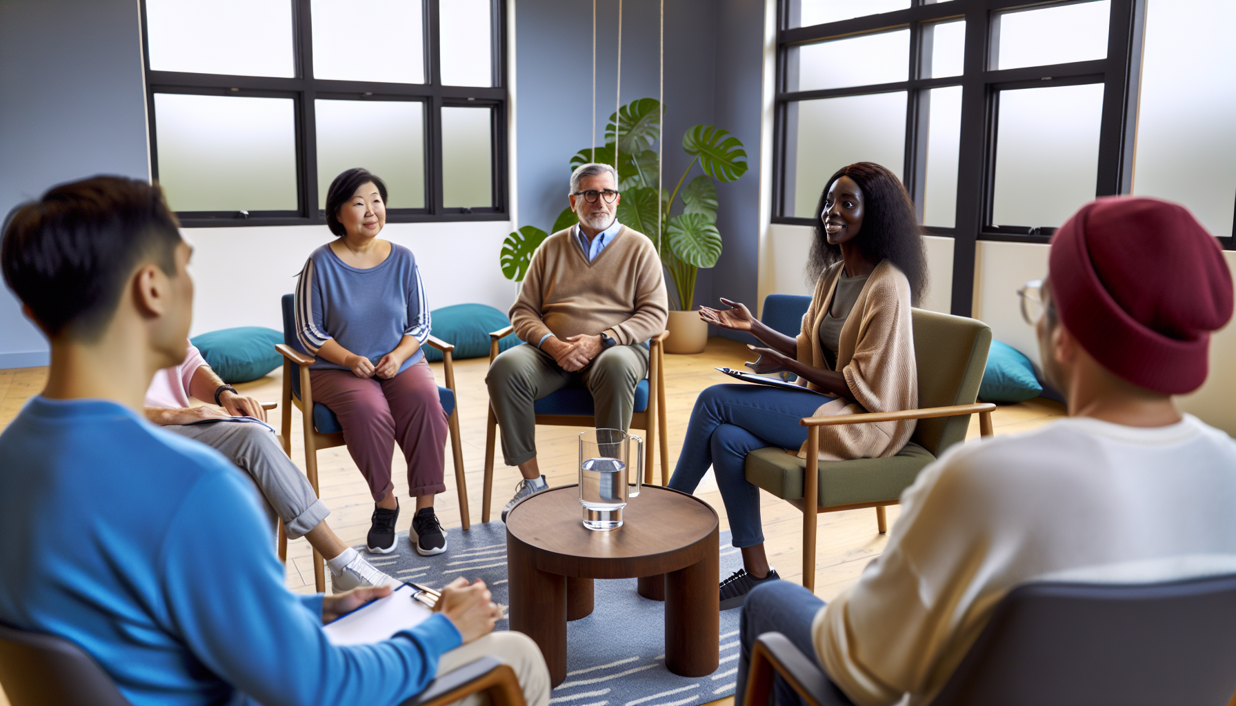 A group of individuals participating in cognitive behavioral therapy in a rehab center