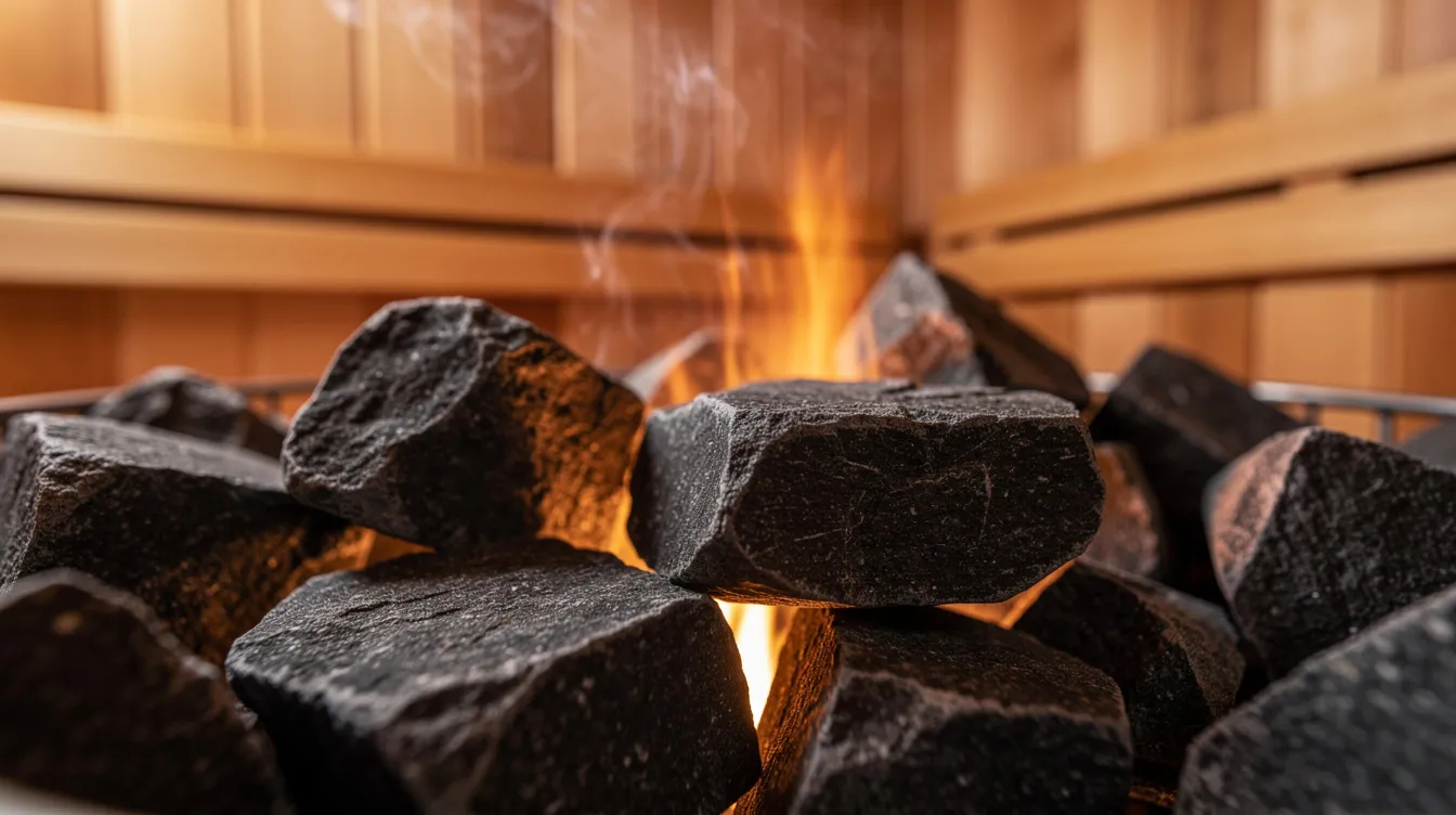Close-up view of hot stones inside a traditional sauna