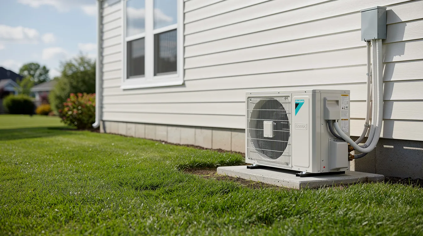 The image depicts a completed residential heat pump installation, featuring a clean outdoor unit positioned next to a well-maintained suburban home with a lush green lawn. This efficient heat pump system showcases advanced heat pump technology, designed for optimal heating and cooling performance in a residential setting.