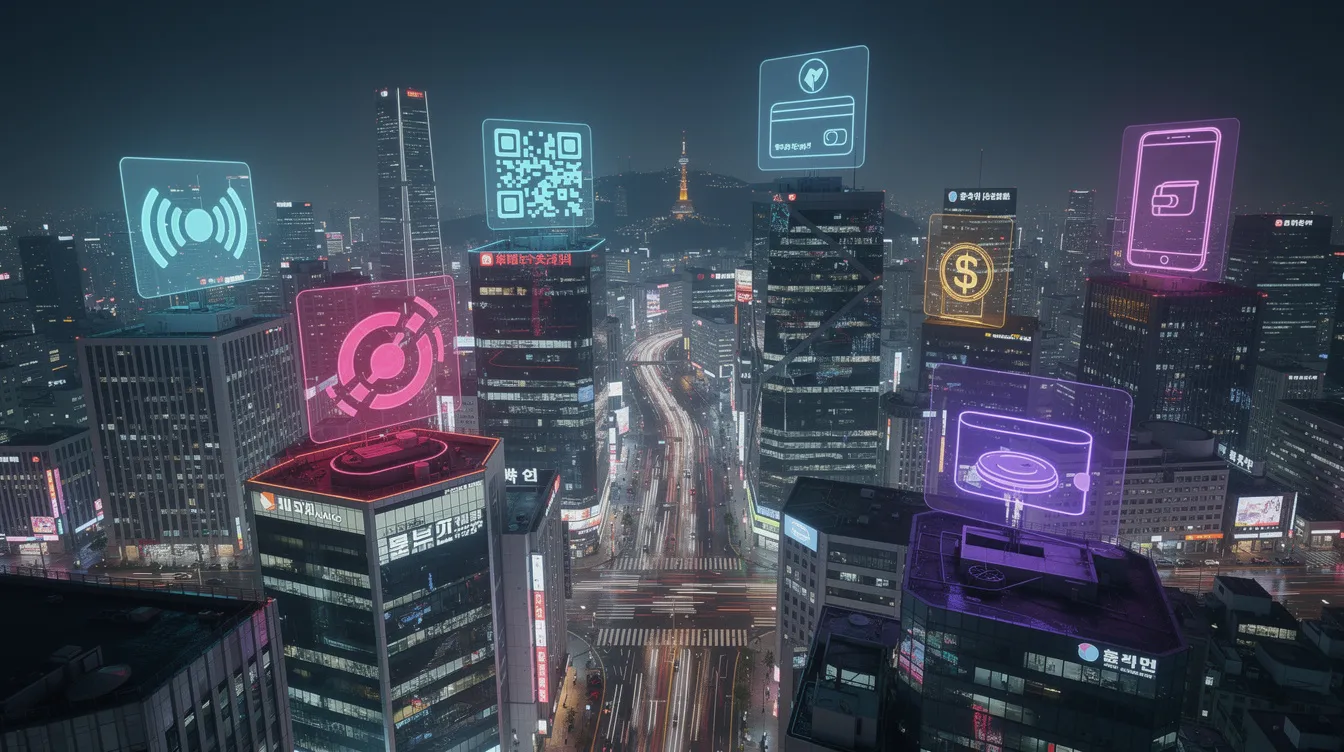 The image showcases a vibrant, futuristic Seoul cityscape illuminated at night, with towering skyscrapers adorned with glowing digital payment icons representing popular mobile payment services like Samsung Pay, Kakao Pay, and Naver Pay. This visual emphasizes the integration of online and offline payments in South Korea, highlighting the convenience of mobile wallets and digital banking services for users engaging in both in-person and online purchases.