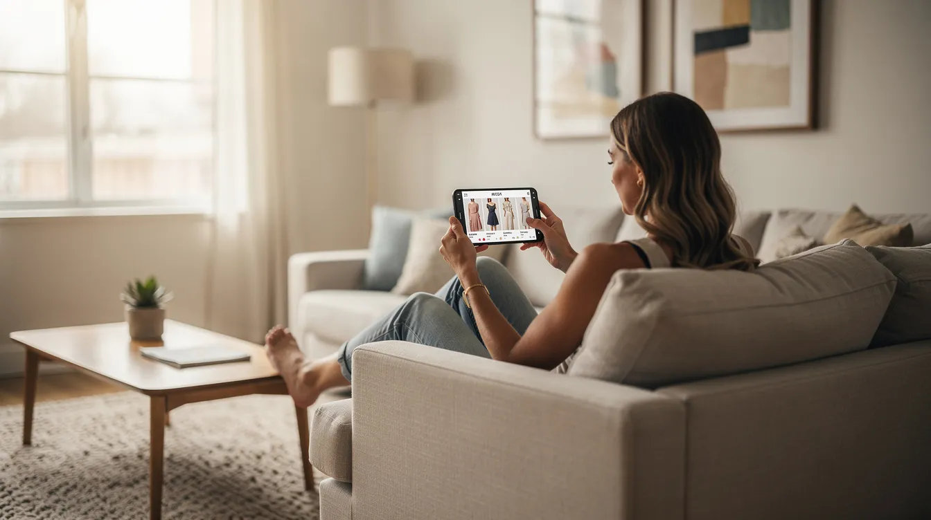 Eine Frau sitzt in einem modernen Wohnzimmer und scrollt auf ihrem Smartphone aufmerksam durch die Bekleidungsoptionen einer Boutique, um verschiedene Bekleidungskategorien für ihr Online-Modegeschäft zu entdecken. Die Szene fängt die Essenz des modernen Einkaufens ein und unterstreicht die Bequemlichkeit des Versandhandels und die Attraktivität von Qualitätsprodukten für Boutiquebesitzer.
