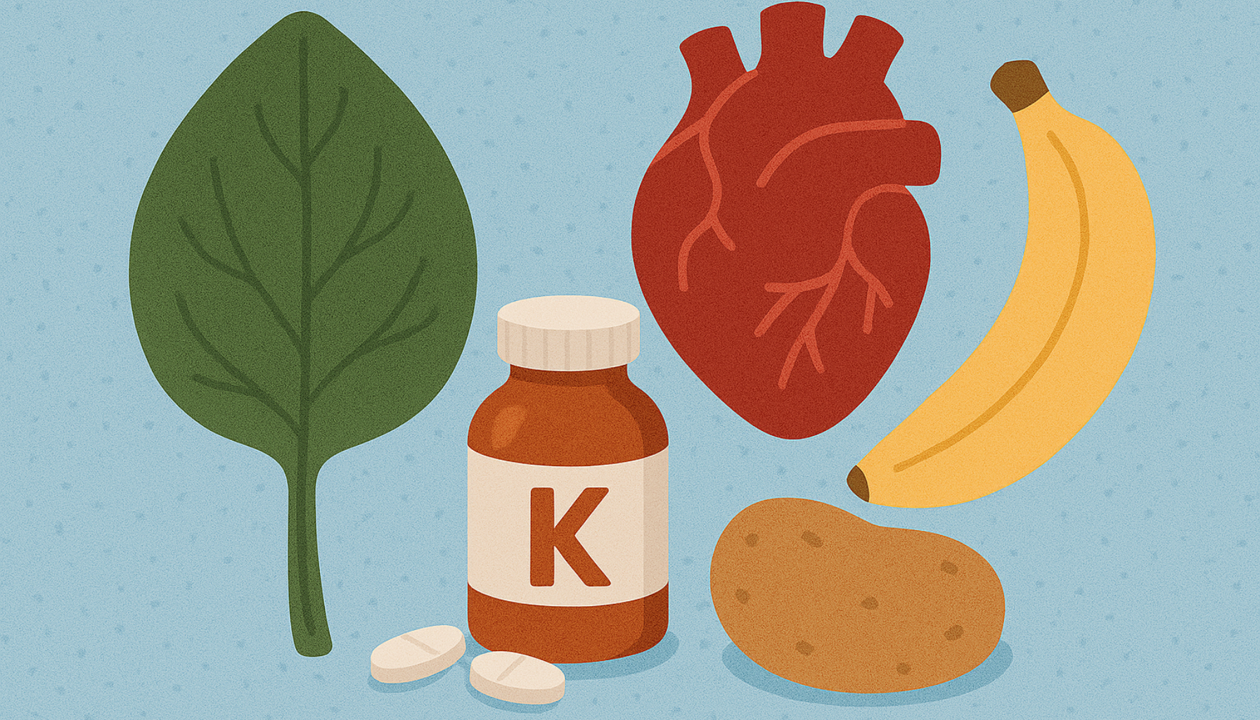 Illustrasjon med banan, potet, spinat, hjerte og kaliumtilskudd som viser viktige kilder til det livsnødvendige mineralet kalium. kalium inntak av kalium mye kalium kalium i kroppen blant annet gode kilder daglig inntak kalium finnes mer kalium 3,5 gram sist oppdatert kroppen mmol inntak mye frukt inneholder hypokalemi bruk gram cellene form blodet hyperkalemi kilder natrium nyrene grønnsaker blant høyt viktig blodtrykket matvarer finnes bør normal trenger daglig personer kosthold får