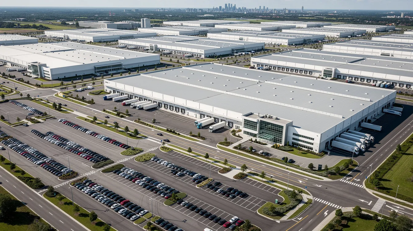 An aerial photograph captures a modern industrial park featuring large warehouse buildings and expansive parking areas, indicative of a bustling environment where various construction businesses operate. This scene highlights the importance of effective lead generation strategies for contractors looking to manage leads and connect with potential clients in a competitive market.