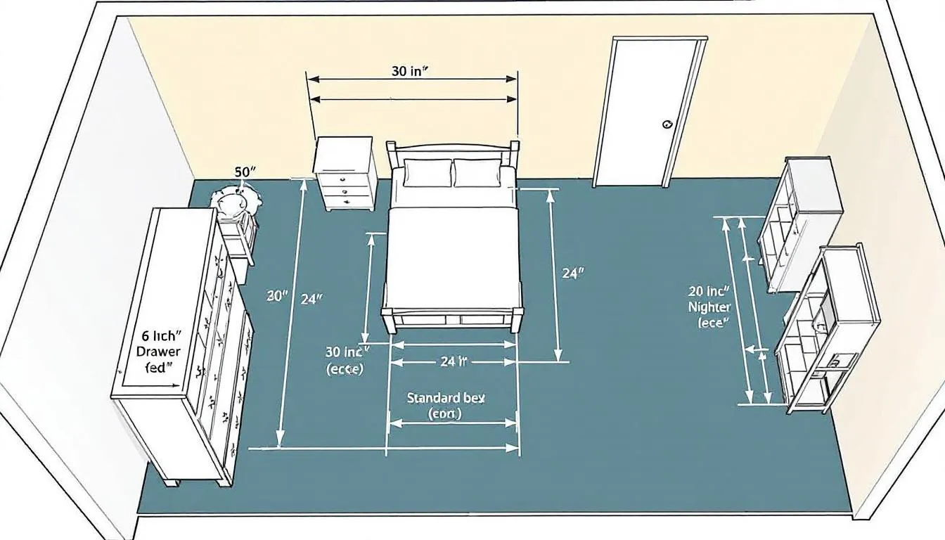The image is a bedroom layout diagram illustrating the proper spacing and measurements for placing a six-drawer chest of drawers, ensuring optimal bedroom storage and access to floor space. It highlights the dimensions needed to accommodate the chest alongside other bedroom furniture, such as a dressing table and bed.