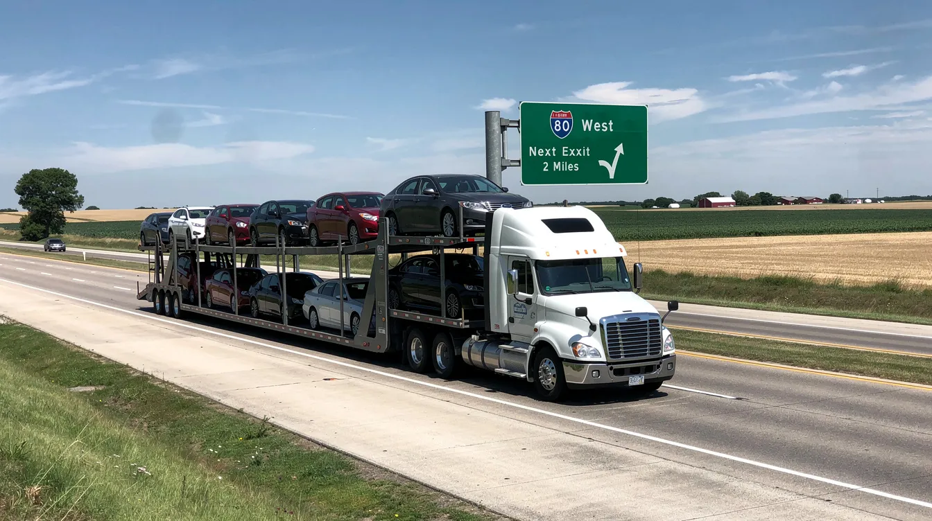 A large vehicle carrier truck is seen driving along an interstate highway in the Midwest, showcasing the efficiency of car shipping services as it transports multiple vehicles. This auto transport service highlights the reliability and convenience of vehicle transport for customers in Cleveland, Ohio.
